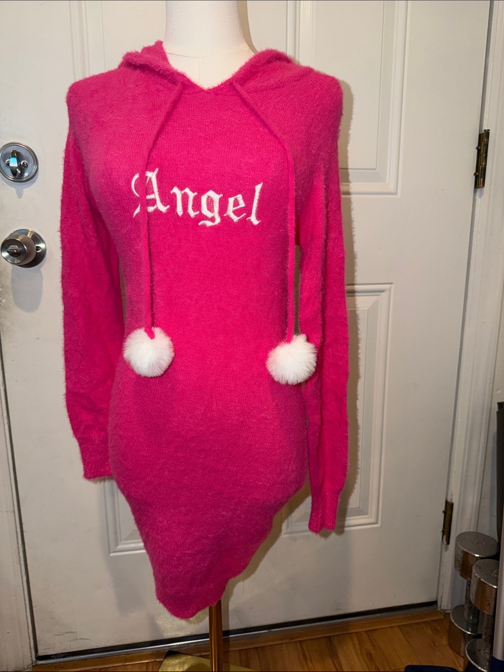 SHEIN Hot Pink 'Angel' Fuzzy Hooded Sweater with Pom-Poms